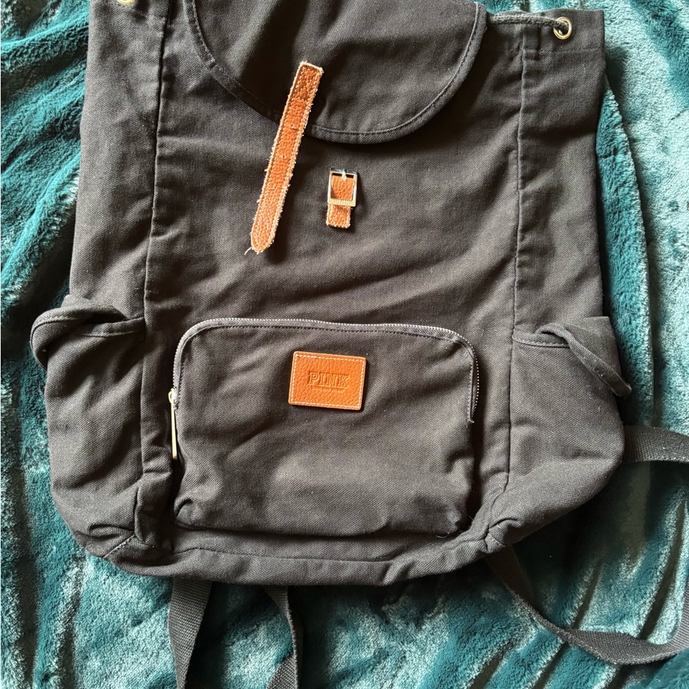 Black Canvas Backpack with Brown Accents